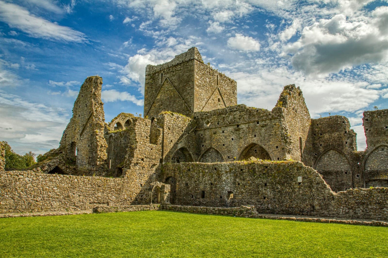 A ruined stone abbey in green Irish fields